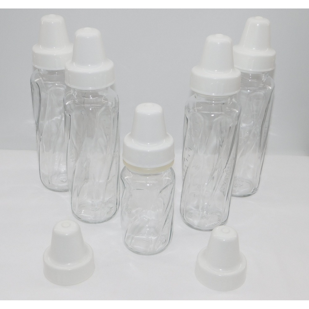 Lot of 5 Evenflo Glass Twist Baby Bottles W/White Caps *NO NIPPLES   4-8oz 1-4oz